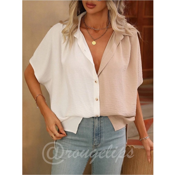 Loose Fitting Color Block 2 Tone Button Up Down Shirt Batwing Sleeve Tan Beige - Picture 2 of 7